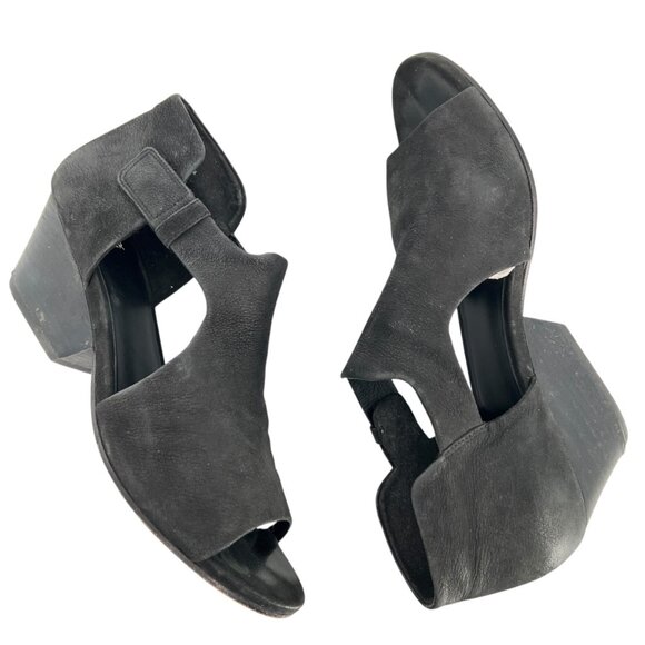 Eileen Fisher Iris Black Tumbled Nubuck Leather Stacked Heeled Sandal Size 9 - Picture 2 of 11